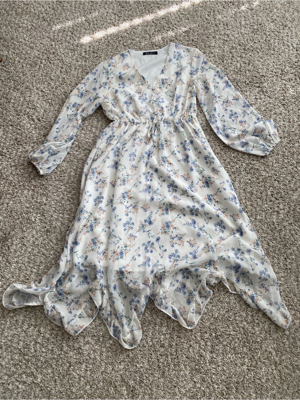 Light Floral Ruffle Sleeve Blouse - White with Blue & Peach Flowers